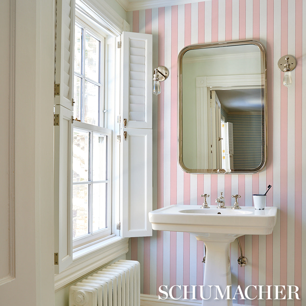 Purchase 5018153 | Louise Stripe, Rose - Schumacher Wallpaper