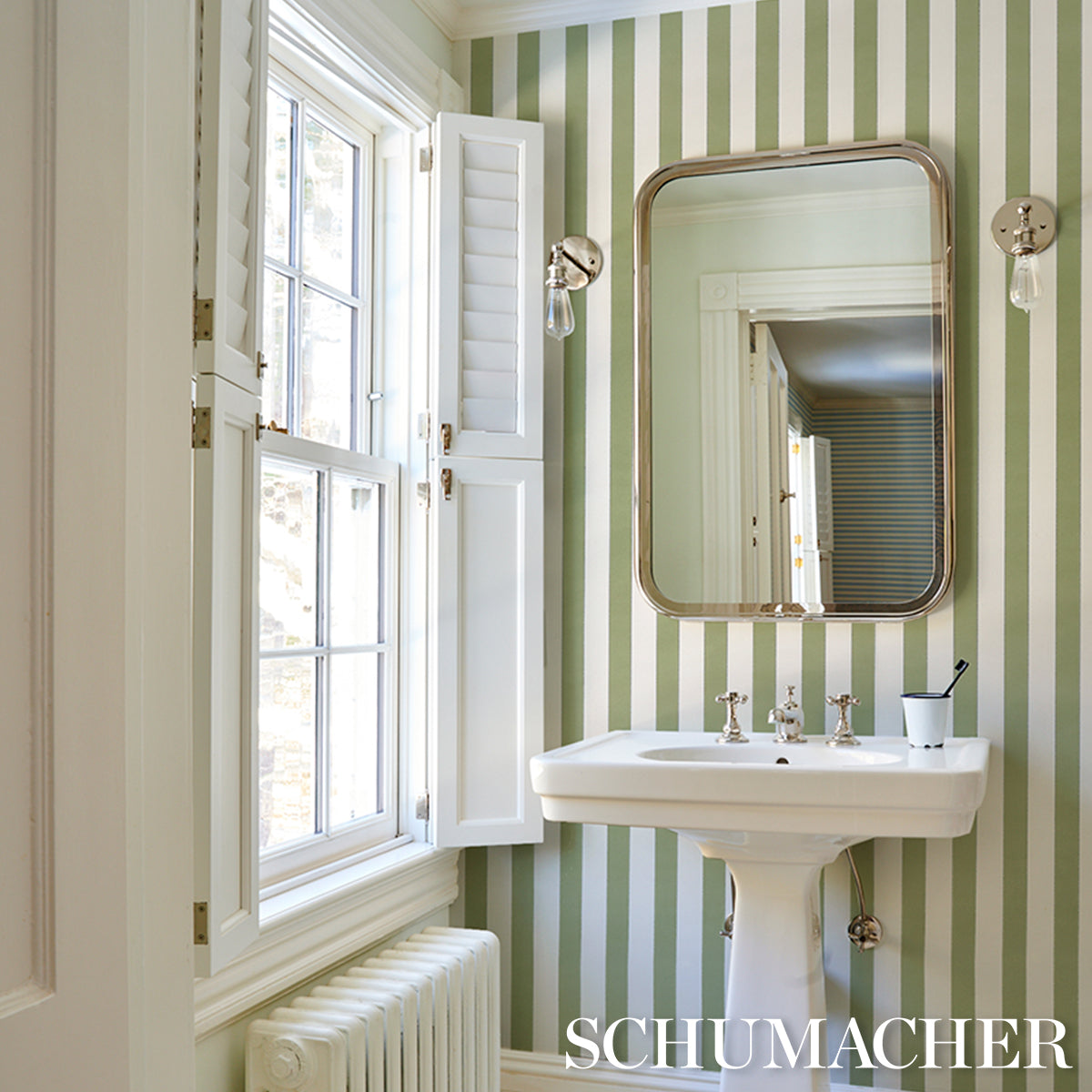 Purchase 5018155 | Louise Stripe, Moss - Schumacher Wallpaper