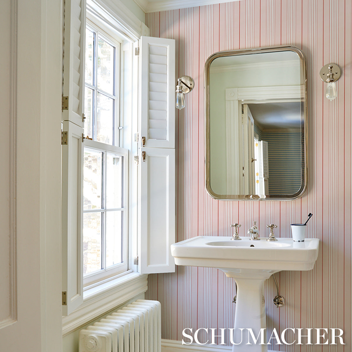 Purchase 5018182 | Audrey Stripe, Pink - Schumacher Wallpaper