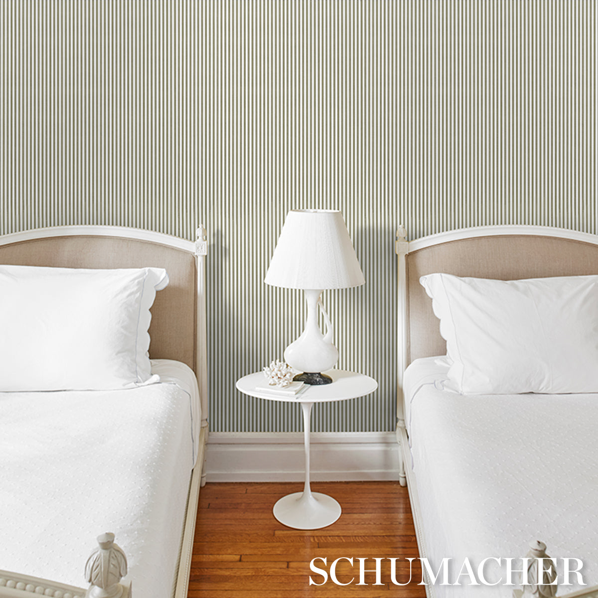 Purchase 5018203 | Mathis Ticking Stripe, Leaf - Schumacher Wallpaper