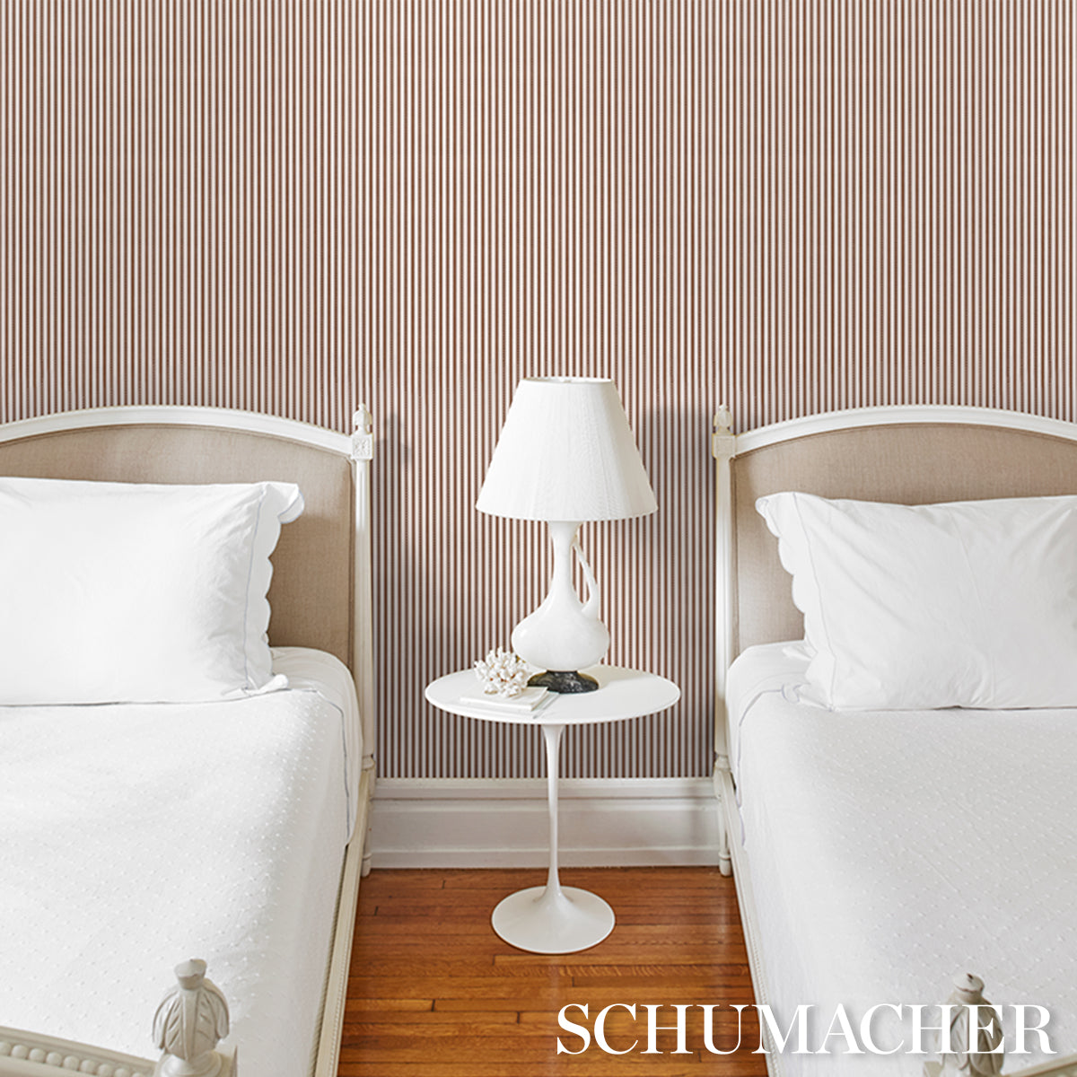 Purchase 5018205 | Mathis Ticking Stripe, Umber - Schumacher Wallpaper