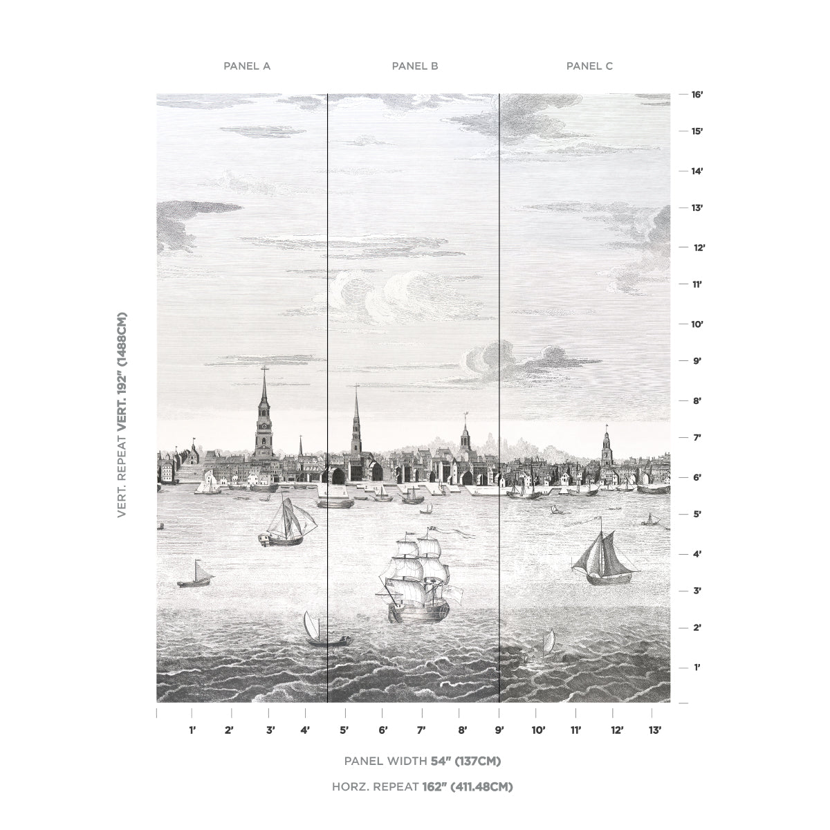 Purchase 5018390 | Philadelphia Harbor 3 Panel Set, Black - Schumacher Wallpaper
