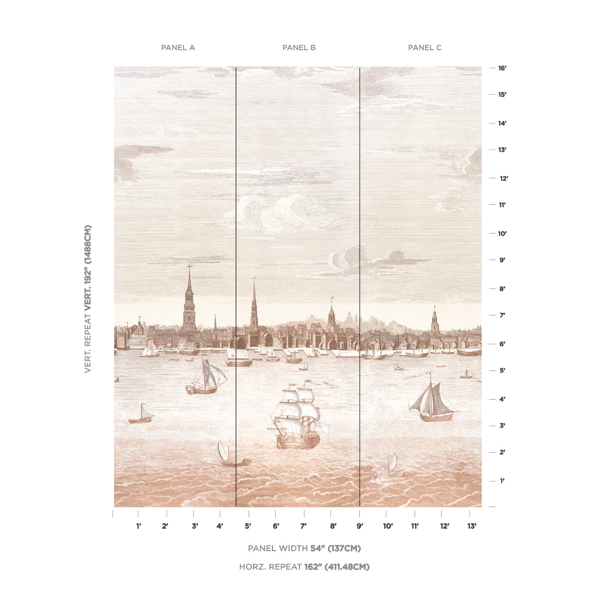 Purchase 5018391 | Philadelphia Harbor 3 Panel Set, Sepia - Schumacher Wallpaper