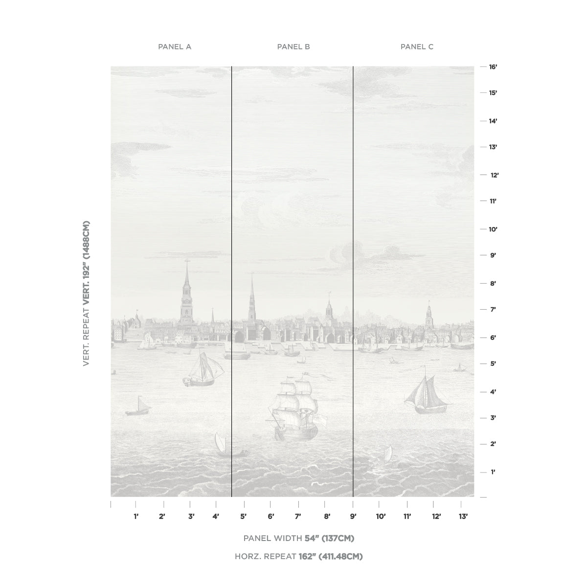 Purchase 5018392 | Philadelphia Harbor 3 Panel Set, Grey - Schumacher Wallpaper