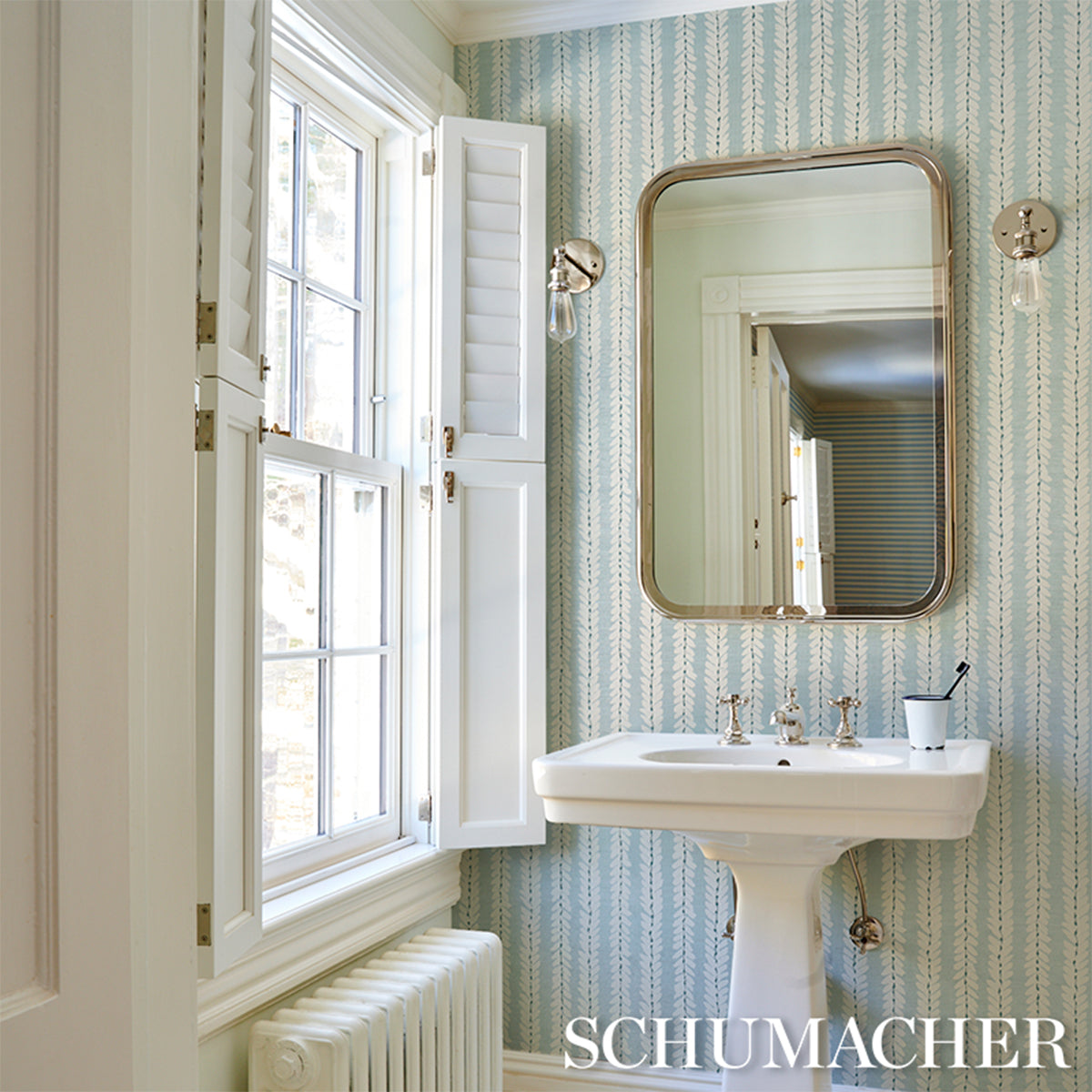 Purchase 5018710 | Woodperry Hand Printed Sisal, Water Blue - Schumacher Wallpaper