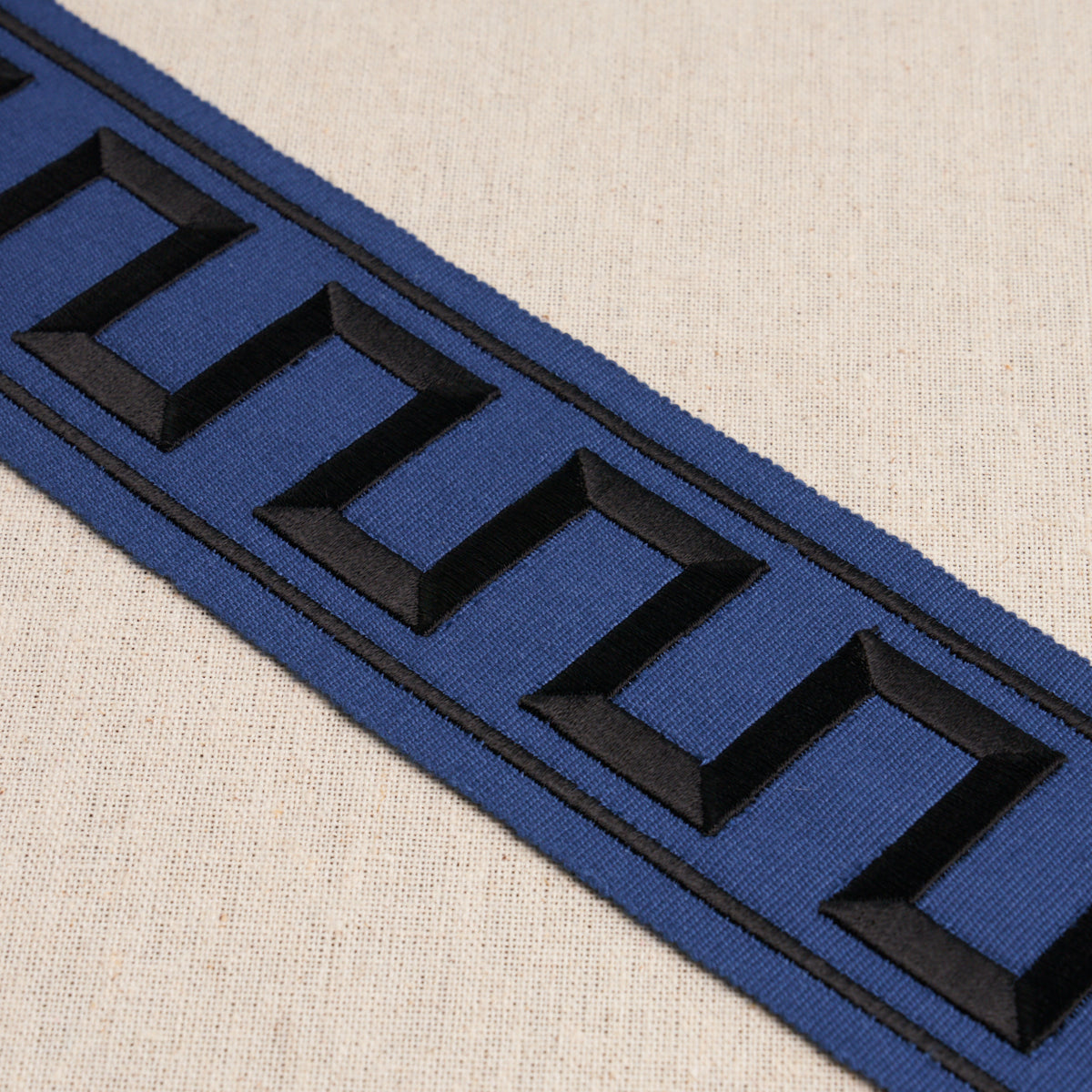 Purchase 70803 | Greek Key Embroidered Tape, Black On Navy - Schumacher Trim