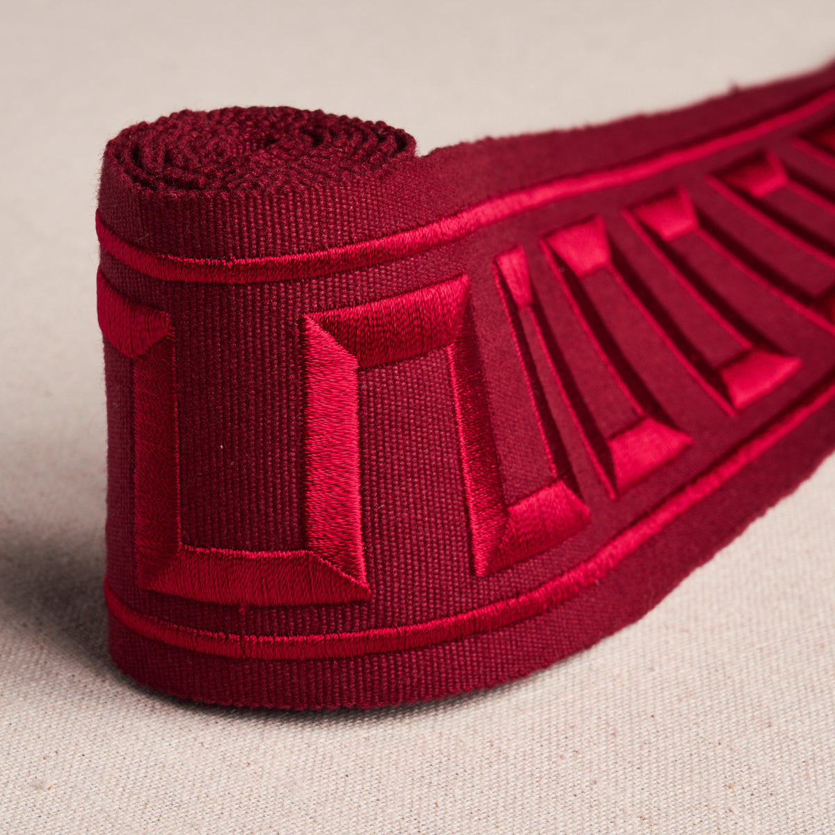 Purchase 70805 | Greek Key Embroidered Tape, Burgundy - Schumacher Trim