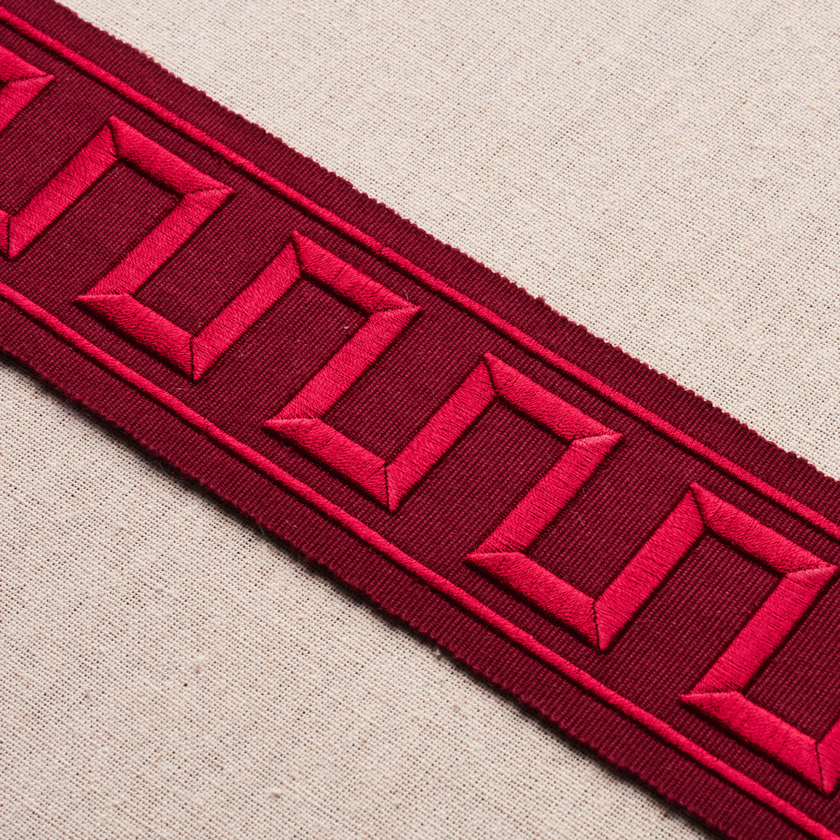 Purchase 70805 | Greek Key Embroidered Tape, Burgundy - Schumacher Trim