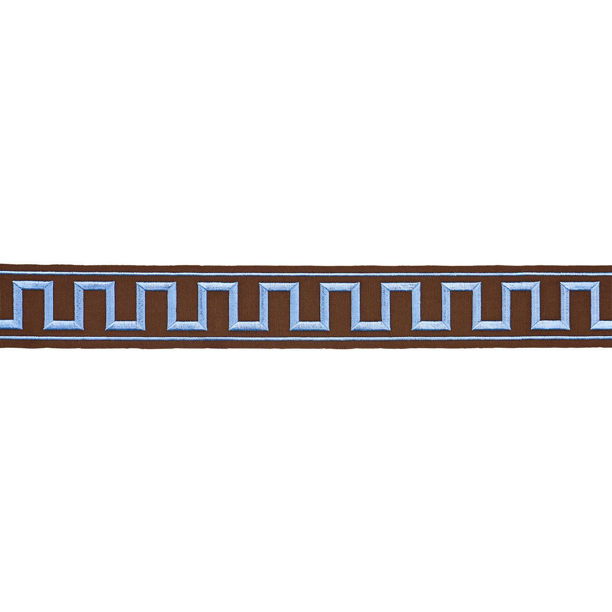 Purchase 70807 | Greek Key Embroidered Tape, Blue On Brown - Schumacher Trim