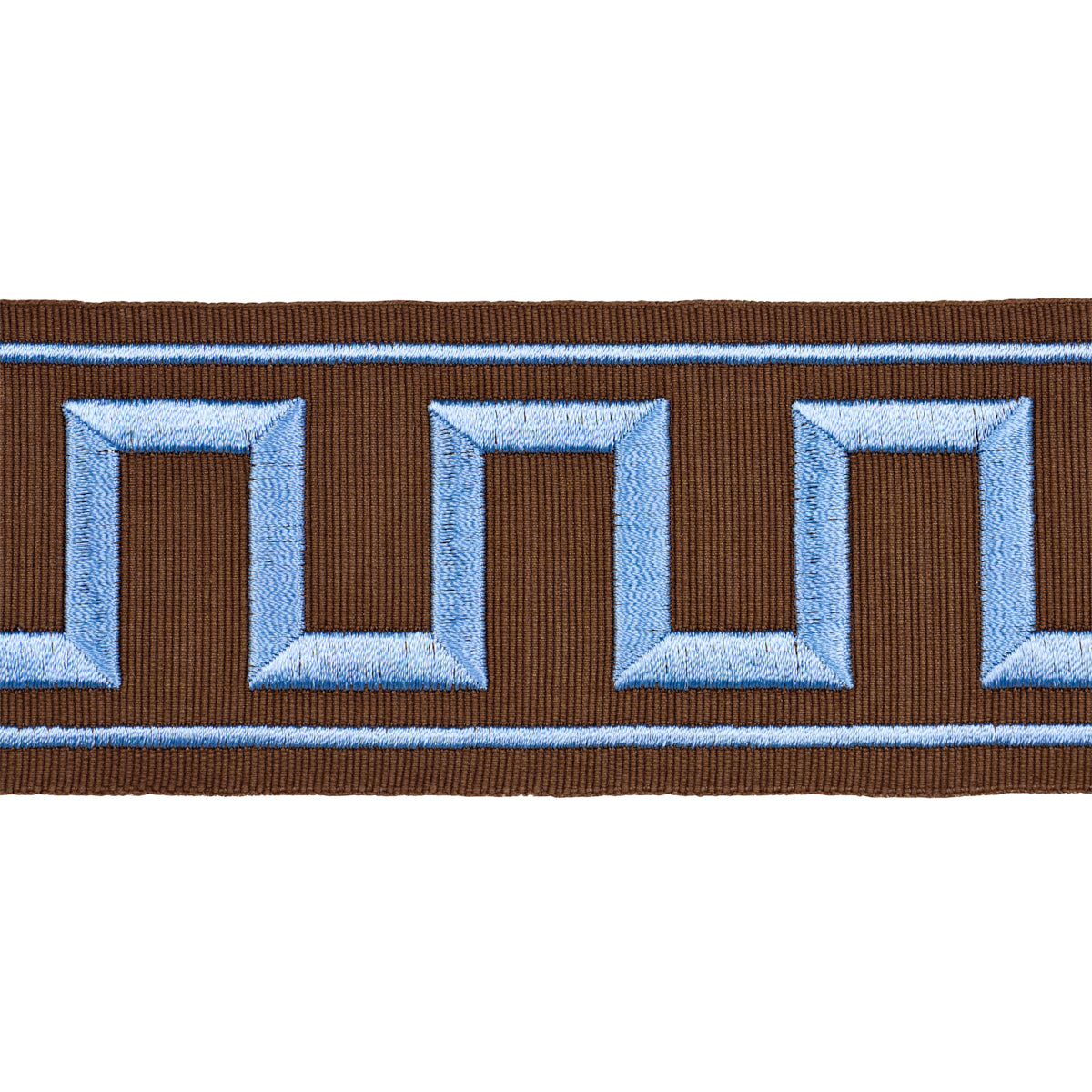 Purchase 70807 | Greek Key Embroidered Tape, Blue On Brown - Schumacher Trim