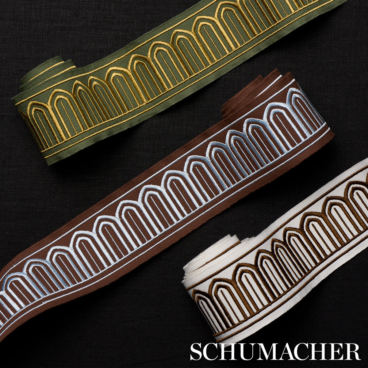 Purchase 81152 | Arches Embroidered Tape Medium, Olive - Schumacher Trim