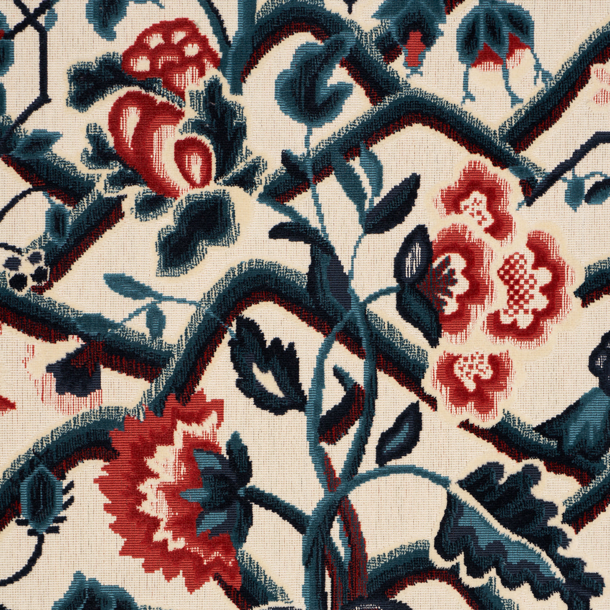 Purchase 84821 | Jacobean Garden Velvet, Cinnabar & Peacock - Schumacher Fabric