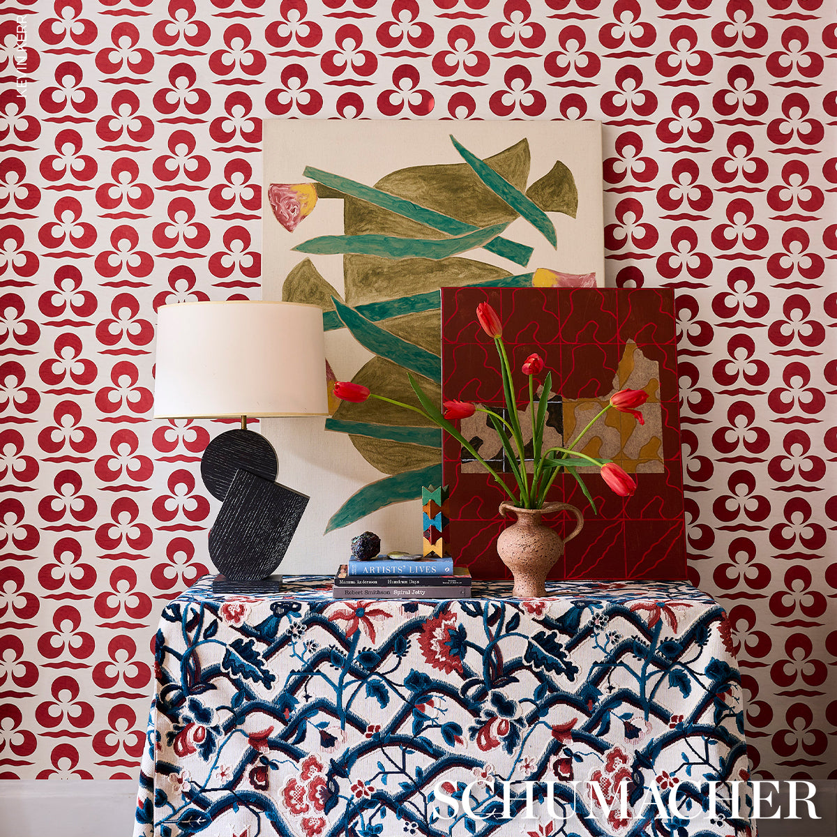 Purchase 84821 | Jacobean Garden Velvet, Cinnabar & Peacock - Schumacher Fabric