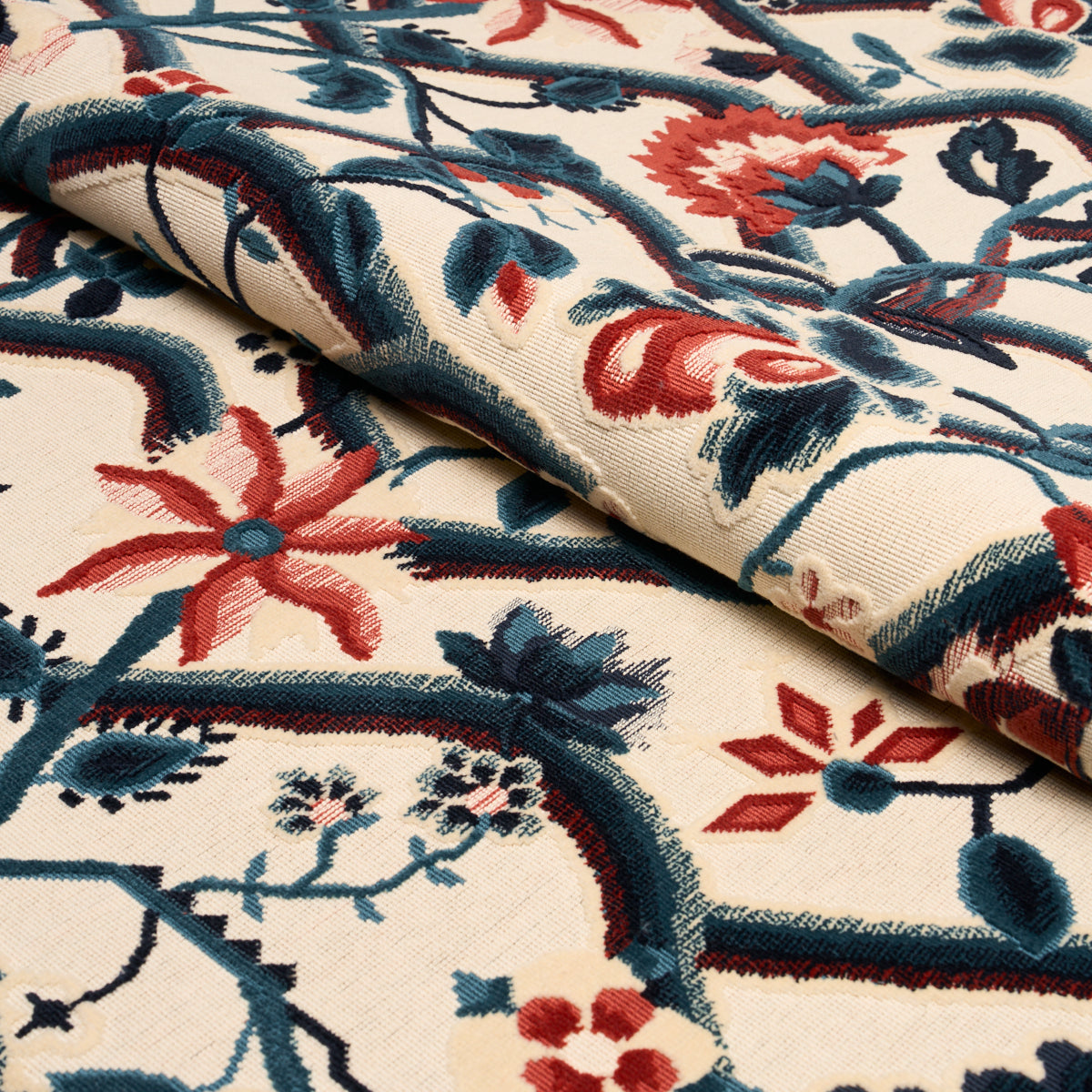 Purchase 84821 | Jacobean Garden Velvet, Cinnabar & Peacock - Schumacher Fabric
