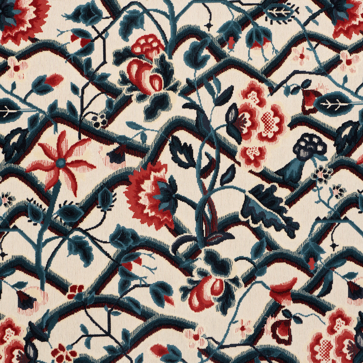 Purchase 84821 | Jacobean Garden Velvet, Cinnabar & Peacock - Schumacher Fabric