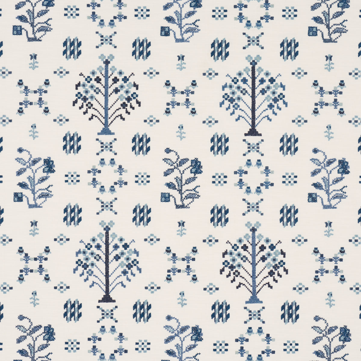 Purchase 85981 | Fairview Cross Stitch Embroidery, Indigo - Schumacher Fabric
