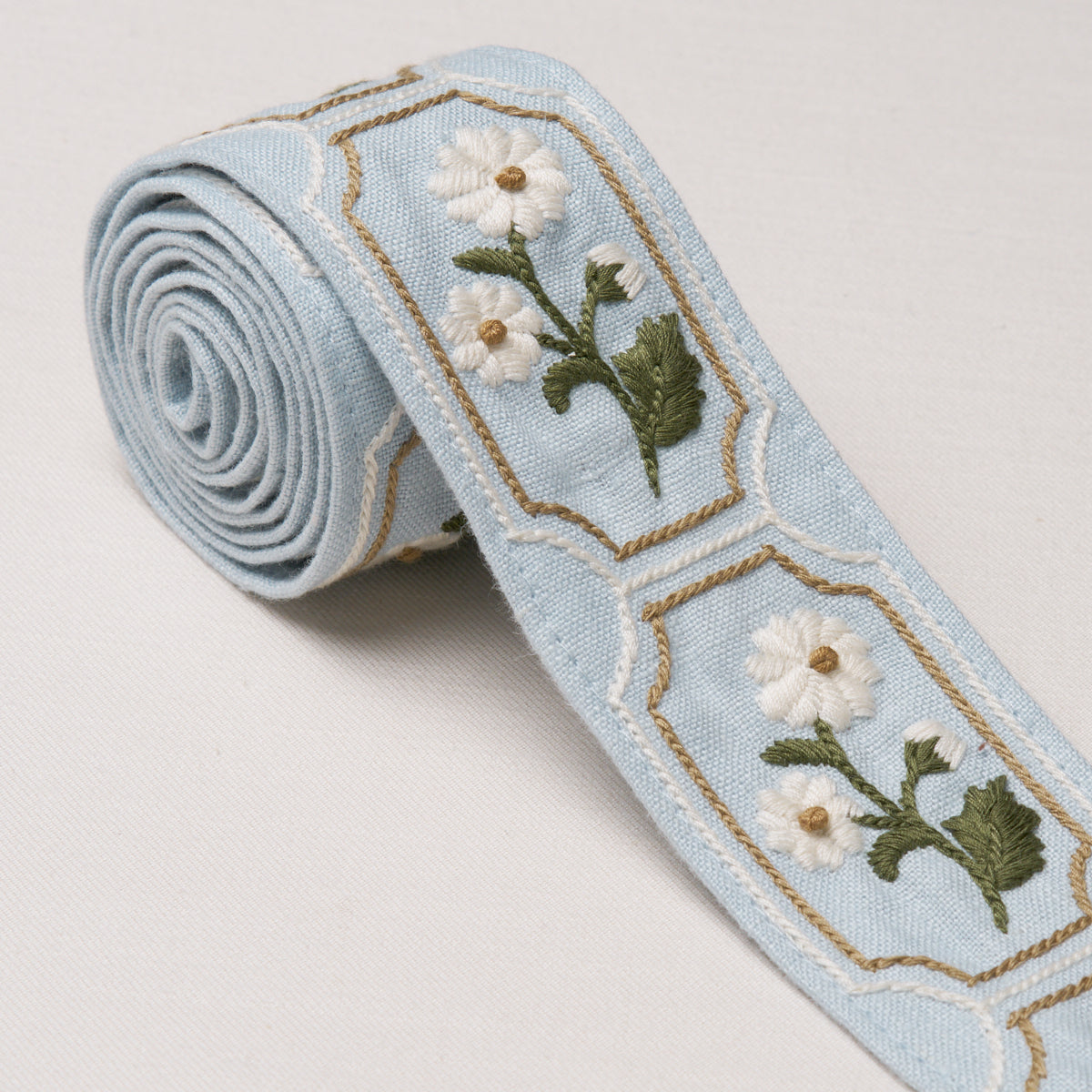Purchase 86301 | Jolie Hand Embroidered Tape, Sky - Schumacher Trim