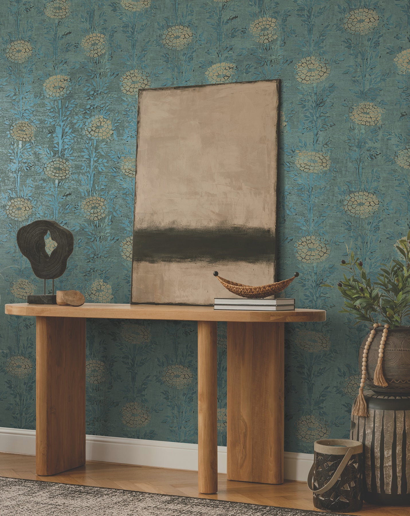 Purchase Af6519 | Tea Garden Ii, French Marigold Teal Green & Gold - Ronald Redding Wallpaper