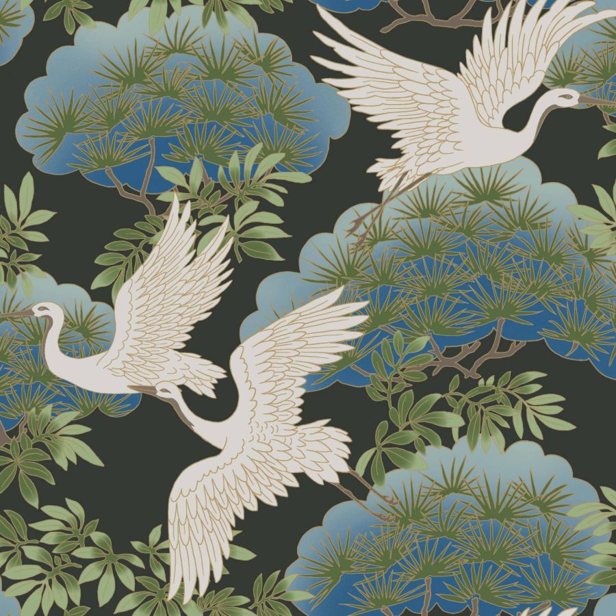 Purchase Af6593 | Tea Garden Ii, Sprig & Heron Black - Ronald Redding Wallpaper