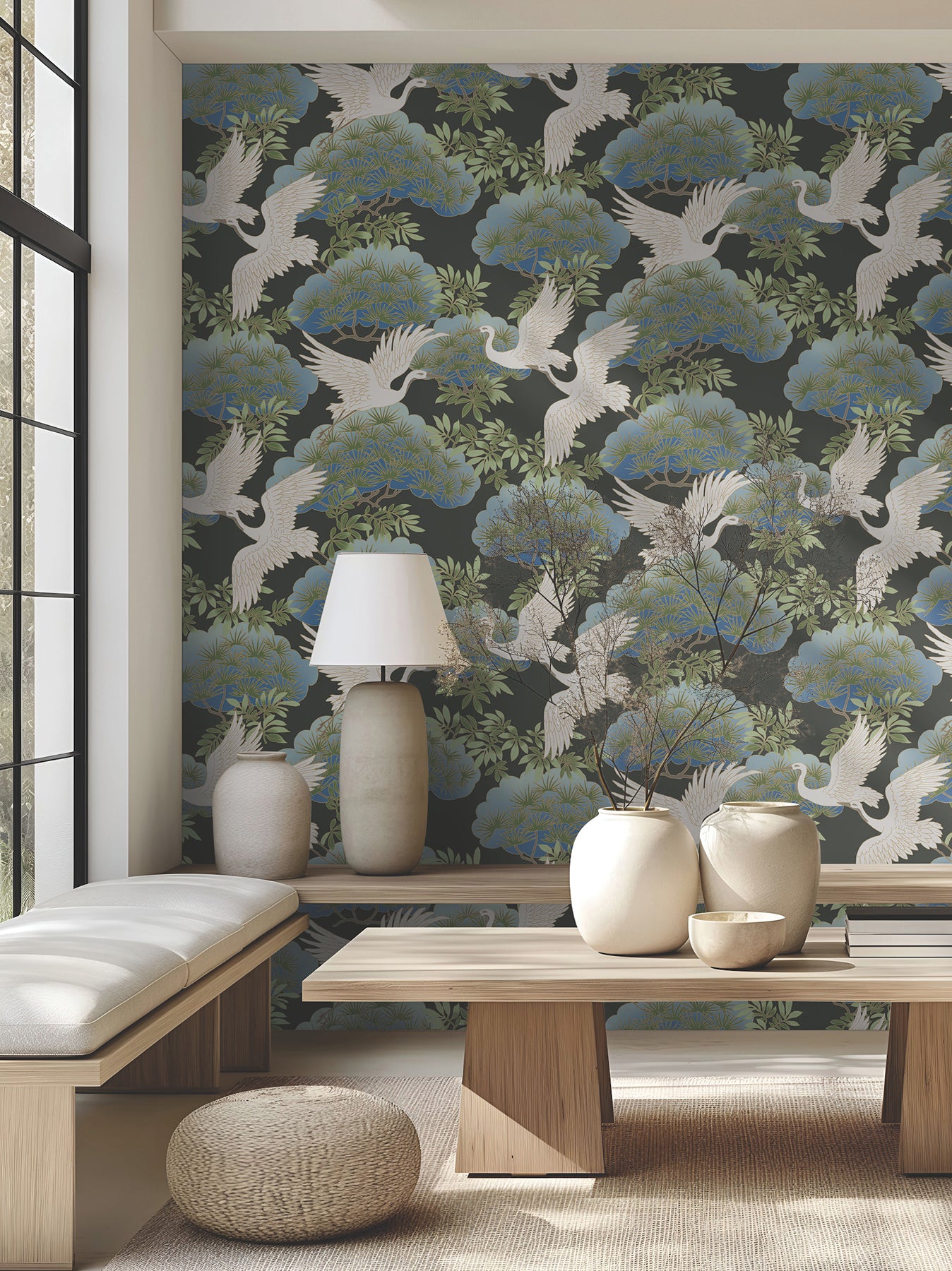 Purchase Af6593 | Tea Garden Ii, Sprig & Heron Black - Ronald Redding Wallpaper