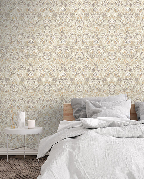 Purchase AH100196AH Brewster Wallpaper, Birdy Neutral Nuthatch Floral - Arthouse1