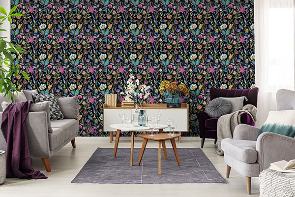 Purchase AH100380AH Brewster Wallpaper, Mallory Black Vivid Floral - Arthouse1