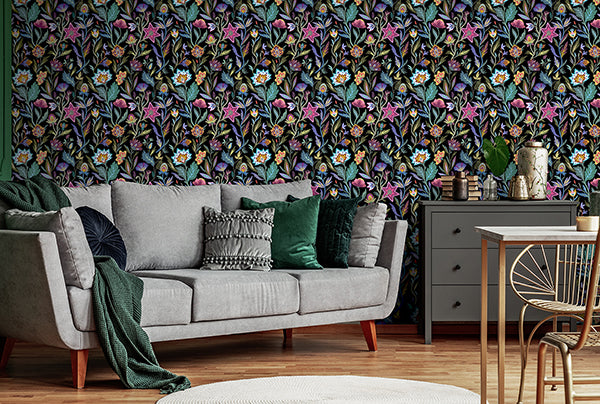 Purchase AH100380AH Brewster Wallpaper, Mallory Black Vivid Floral - Arthouse12