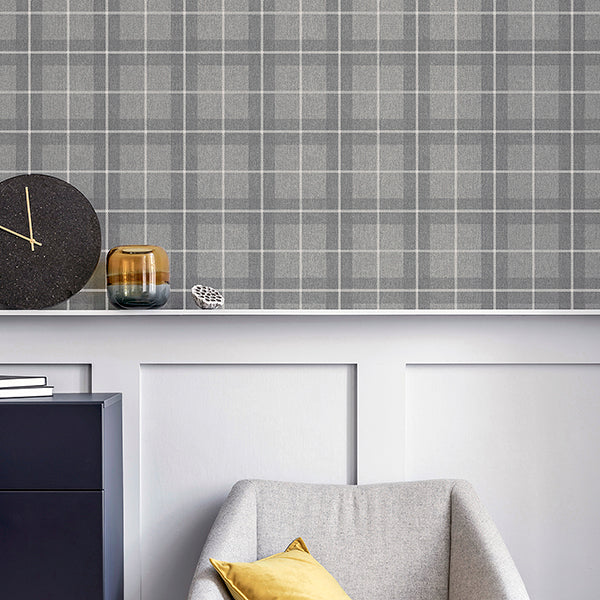 Purchase AH251906 Brewster Wallpaper, Hudson Grey Checkered Plaid - Arthouse1