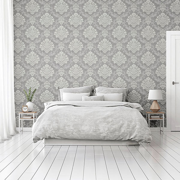 Purchase AH290406 Brewster Wallpaper, Harriet Silver Damask - Arthouse1