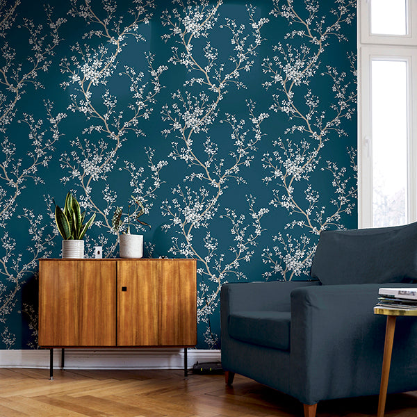 Purchase AH692805 Brewster Wallpaper, Kaia Blue Flowering Tree - Arthouse1
