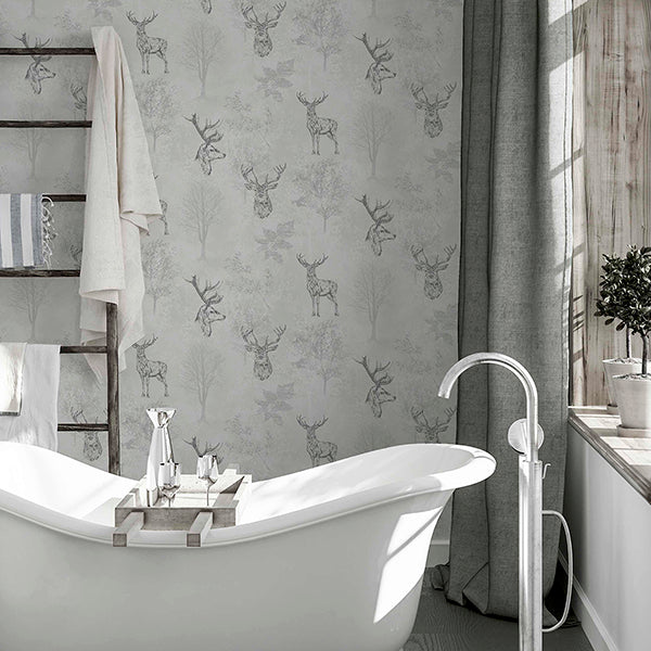 Purchase AH901808 Brewster Wallpaper, Gilbert Black Etched Stag - Arthouse1