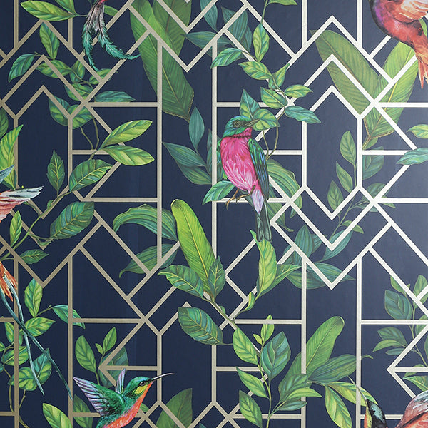 Purchase AH908003 Brewster Wallpaper, Thelma Navy Tropical Deco - Arthouse