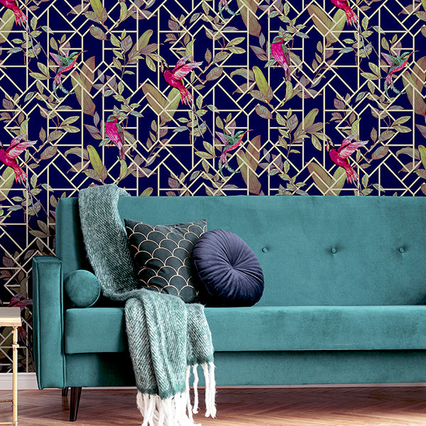 Purchase AH908003 Brewster Wallpaper, Thelma Navy Tropical Deco - Arthouse1
