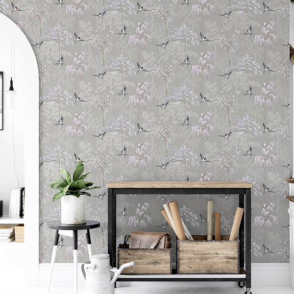 Purchase AH908105 Brewster Wallpaper, Asuka Grey Sparrow Forest - Arthouse1