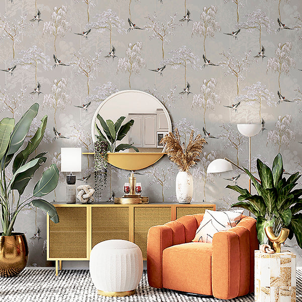 Purchase AH908105 Brewster Wallpaper, Asuka Grey Sparrow Forest - Arthouse12