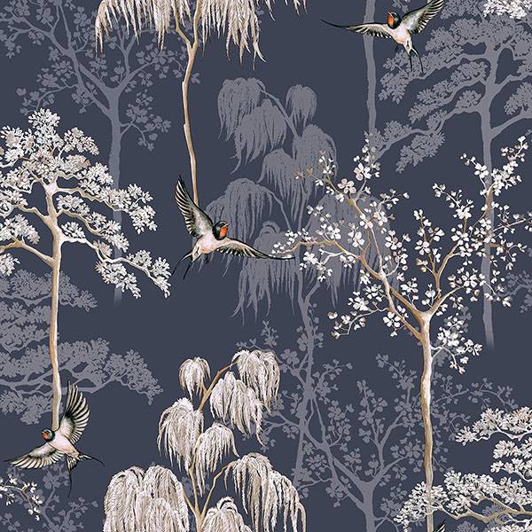 Purchase AH908106 Brewster Wallpaper, Asuka Blue Sparrow Forest - Arthouse