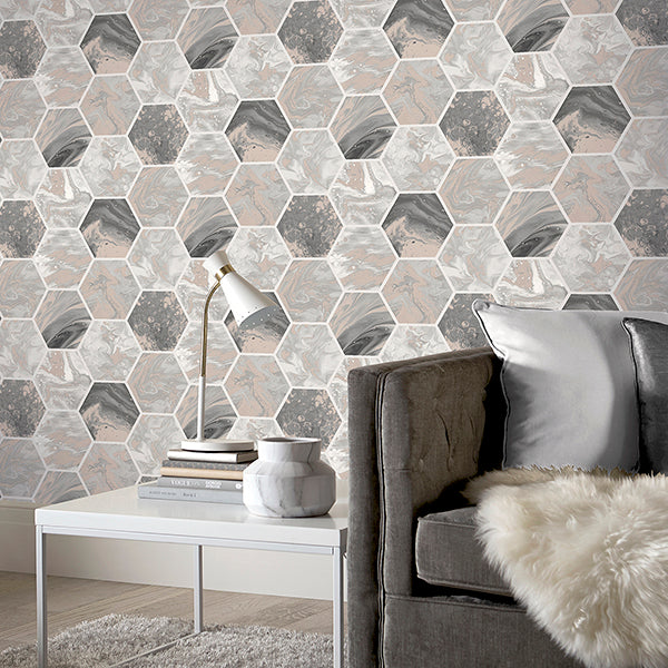 Purchase AH908502 Brewster Wallpaper, Marlon Charcoal Hexagon Tiles - Arthouse1