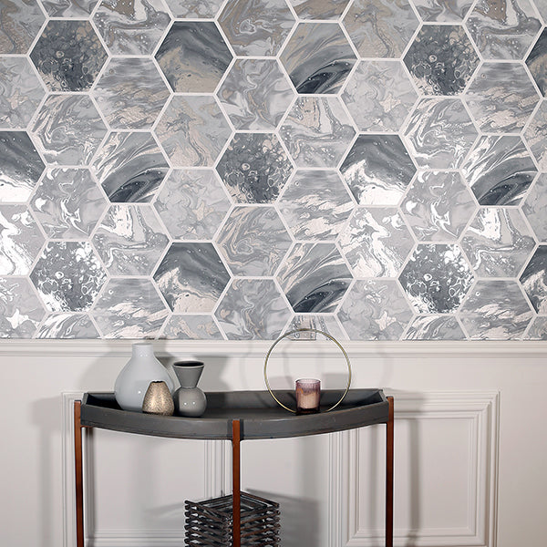 Purchase AH908502 Brewster Wallpaper, Marlon Charcoal Hexagon Tiles - Arthouse12