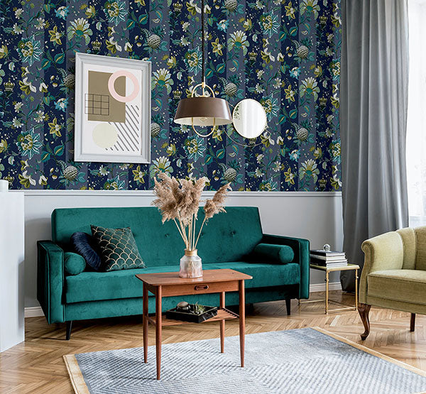 Purchase AH922801 Brewster Wallpaper, Cornelia Navy Floral Stripe - Arthouse12