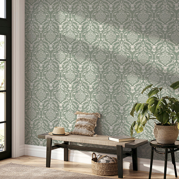 Purchase AH923706 Brewster Wallpaper, Wickham Green Stag Damask - Arthouse12