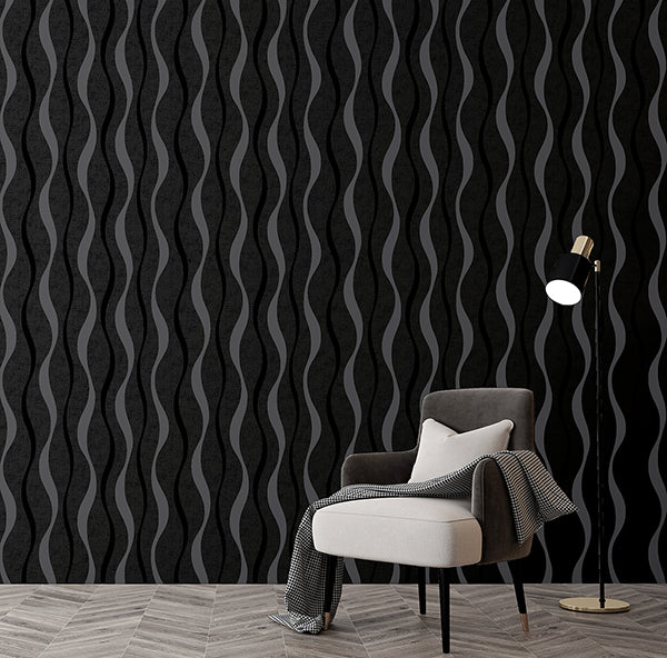 Purchase AH924502 Brewster Wallpaper, Tazz Black Ribbons - Arthouse1