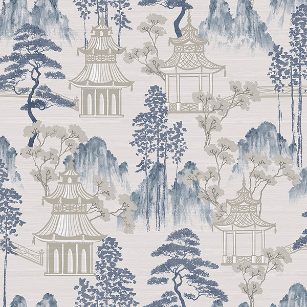 Purchase AH924803 Brewster Wallpaper, Akio Blue Pagoda - Arthouse