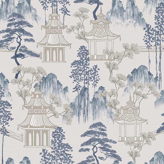 Purchase AH924803 Brewster Wallpaper, Akio Blue Pagoda - Arthouse