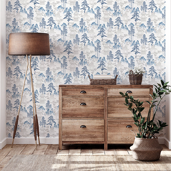 Purchase AH924803 Brewster Wallpaper, Akio Blue Pagoda - Arthouse1