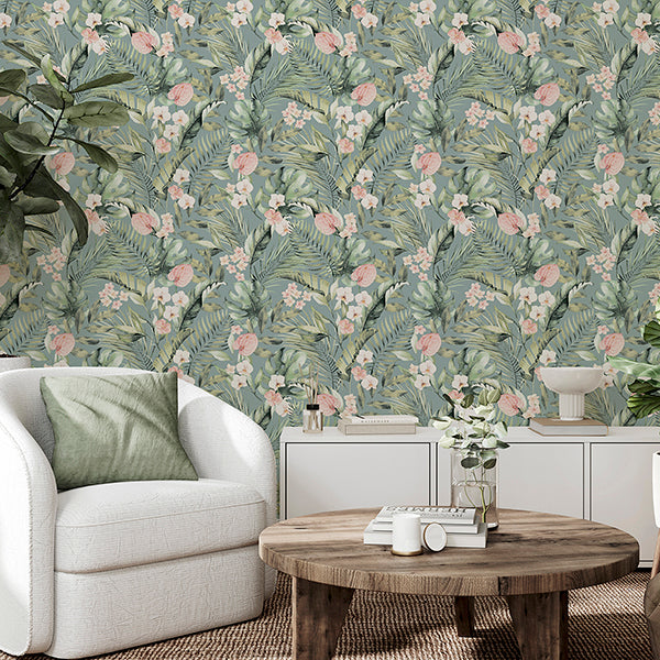 Purchase AH924905 Brewster Wallpaper, Harrietta Sea Green Tropical Floral - Arthouse12