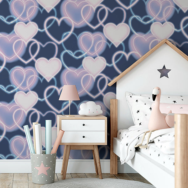 Purchase AH925605 Brewster Wallpaper, Effie Navy Neon Heart - Arthouse1