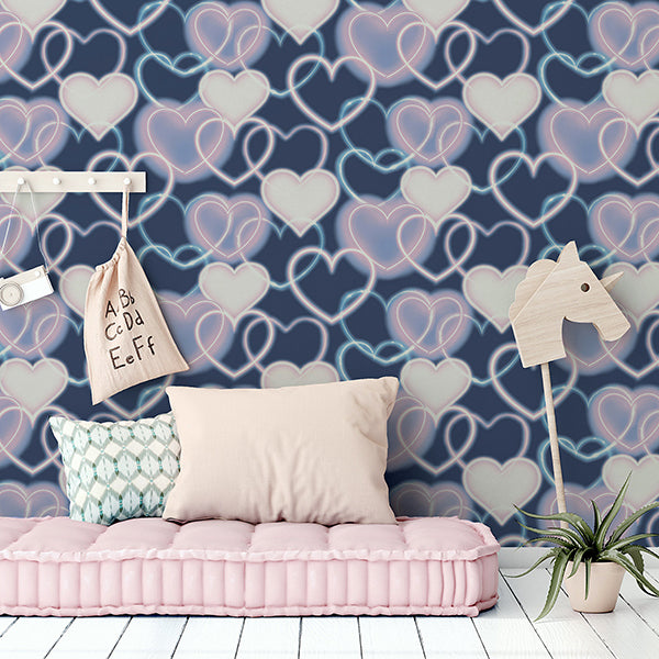Purchase AH925605 Brewster Wallpaper, Effie Navy Neon Heart - Arthouse12
