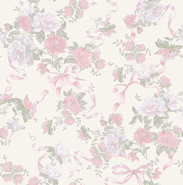 Purchase AST4653 A-Street Wallpaper, Cabbage Rose Bow Pretty in Pink Ribbons & Roses - LoveShackFancy