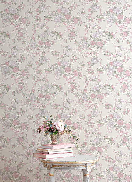 Purchase AST4653 A-Street Wallpaper, Cabbage Rose Bow Pretty in Pink Ribbons & Roses - LoveShackFancy1