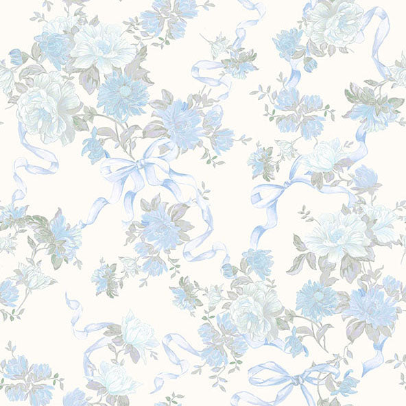 Purchase AST4654 A-Street Wallpaper, Cabbage Rose Bow Dusty River Blue Ribbons & Roses - LoveShackFancy